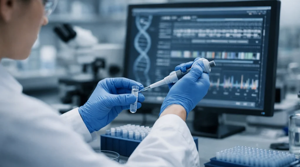 Científico trabajando con edición genética CRISPR en laboratorio de biotecnología moderna